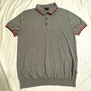 H&M Silk Blend Gray Pique Polo Shirt with Red and Blue Accents Size Large